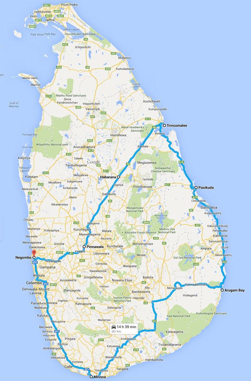 斯里兰卡最好的海滩的地图