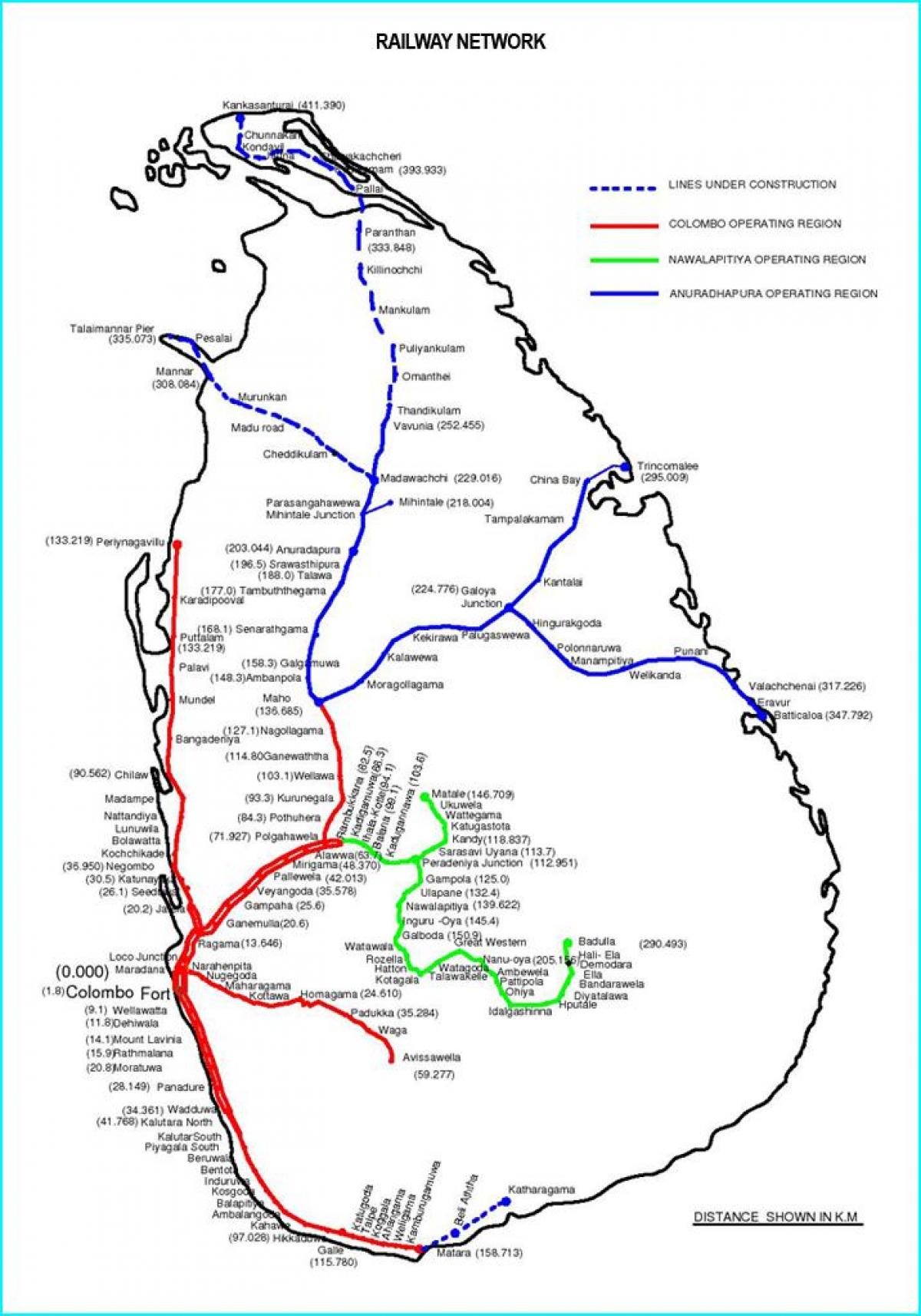 铁路路线的地图斯里兰卡